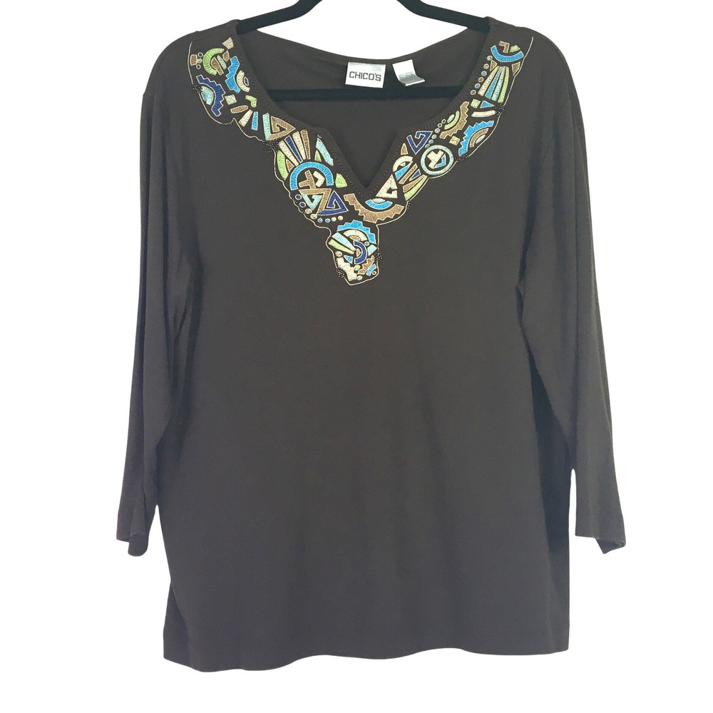 Chico's Embroidered Beaded Split Neck Cotton Rib Knit Top Size 3 Brown
